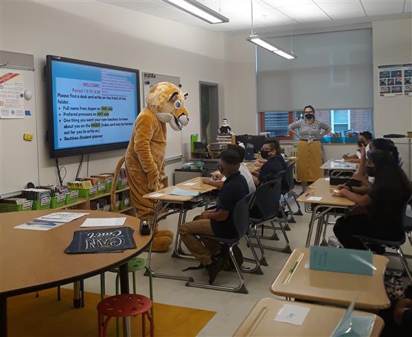 Cam the Cougar met with students in classrooms on the first day of school at the Clark Middle School.